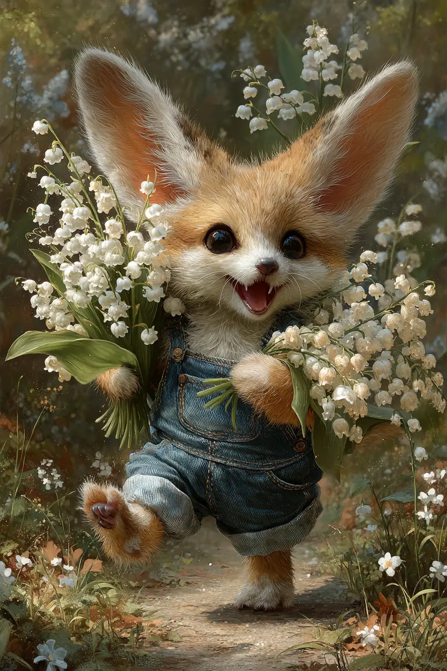 Joyful fennec fox running with flowers in spring forest