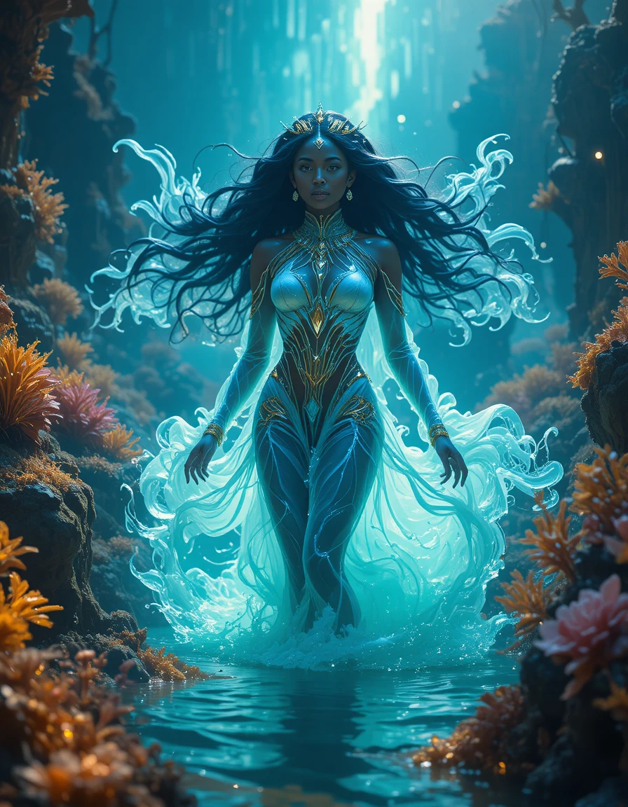 從發光生物螢光海洋中升起的非裔未來主義女子