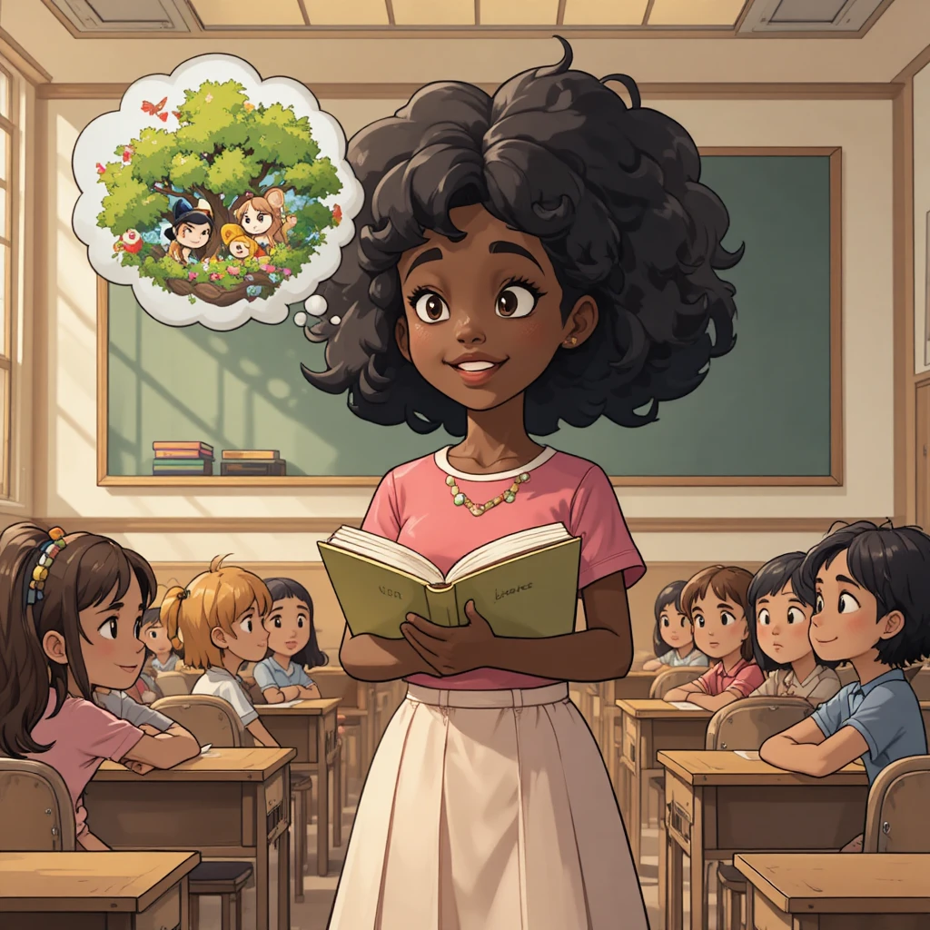 Confident black girl teaching in a bright classroom