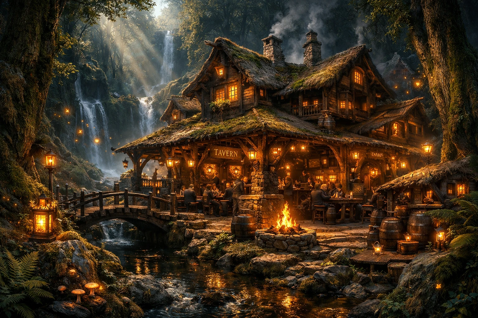 Surreale rustikale Taverne, verborgen in einem dichten Wald