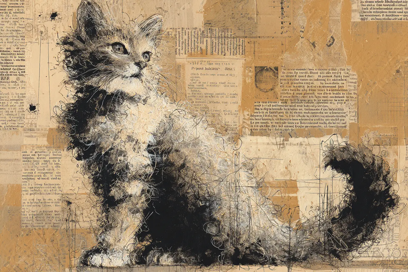 Playful vintage cat portrait in mixed media collage