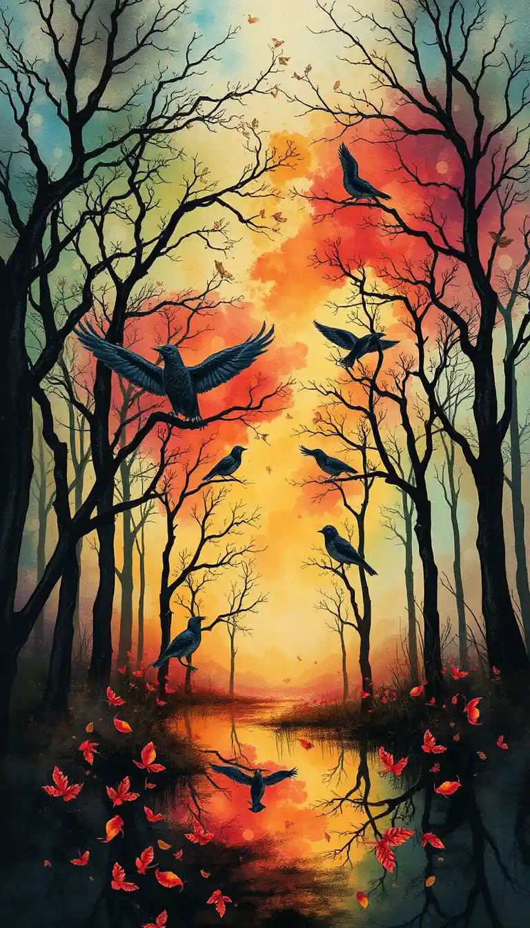 Illusione astratta con inchiostro ad alcool, uccelli e alberi