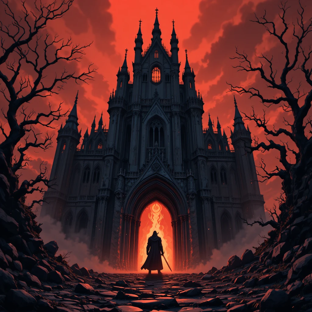 Armored figure before a fiery gothic castle entrance
