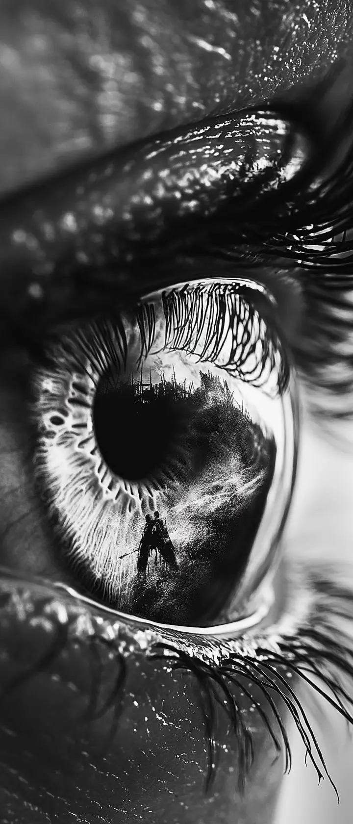 Extreme close up of human iris in black and white