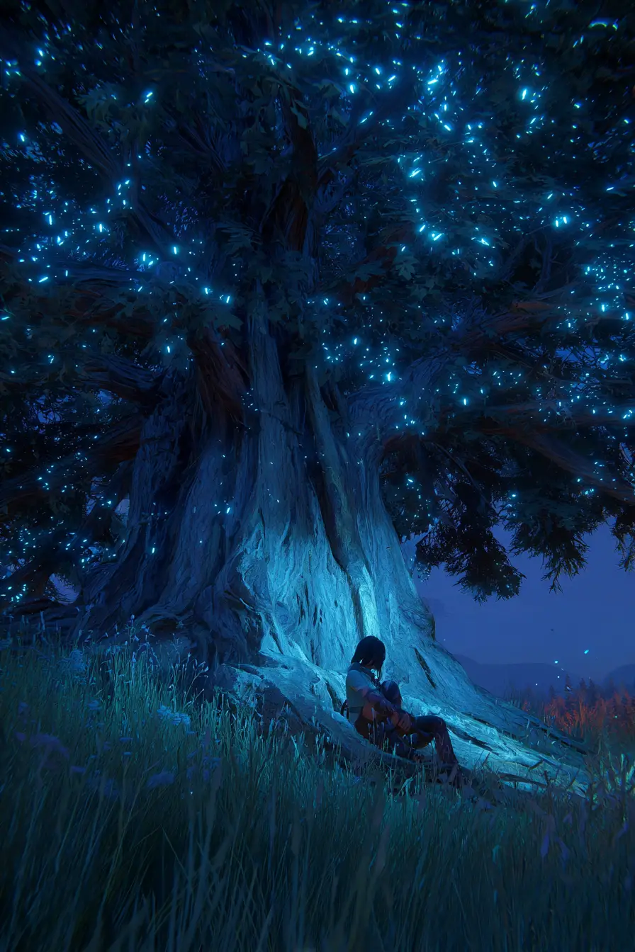 Woman grieving beneath an ancient tree at night