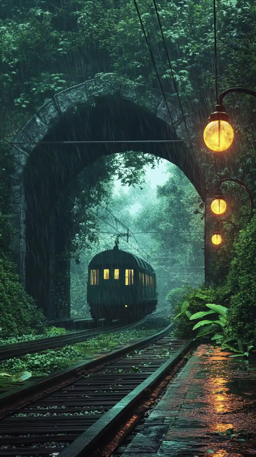 雨の森のトンネルから出てくる古い列車