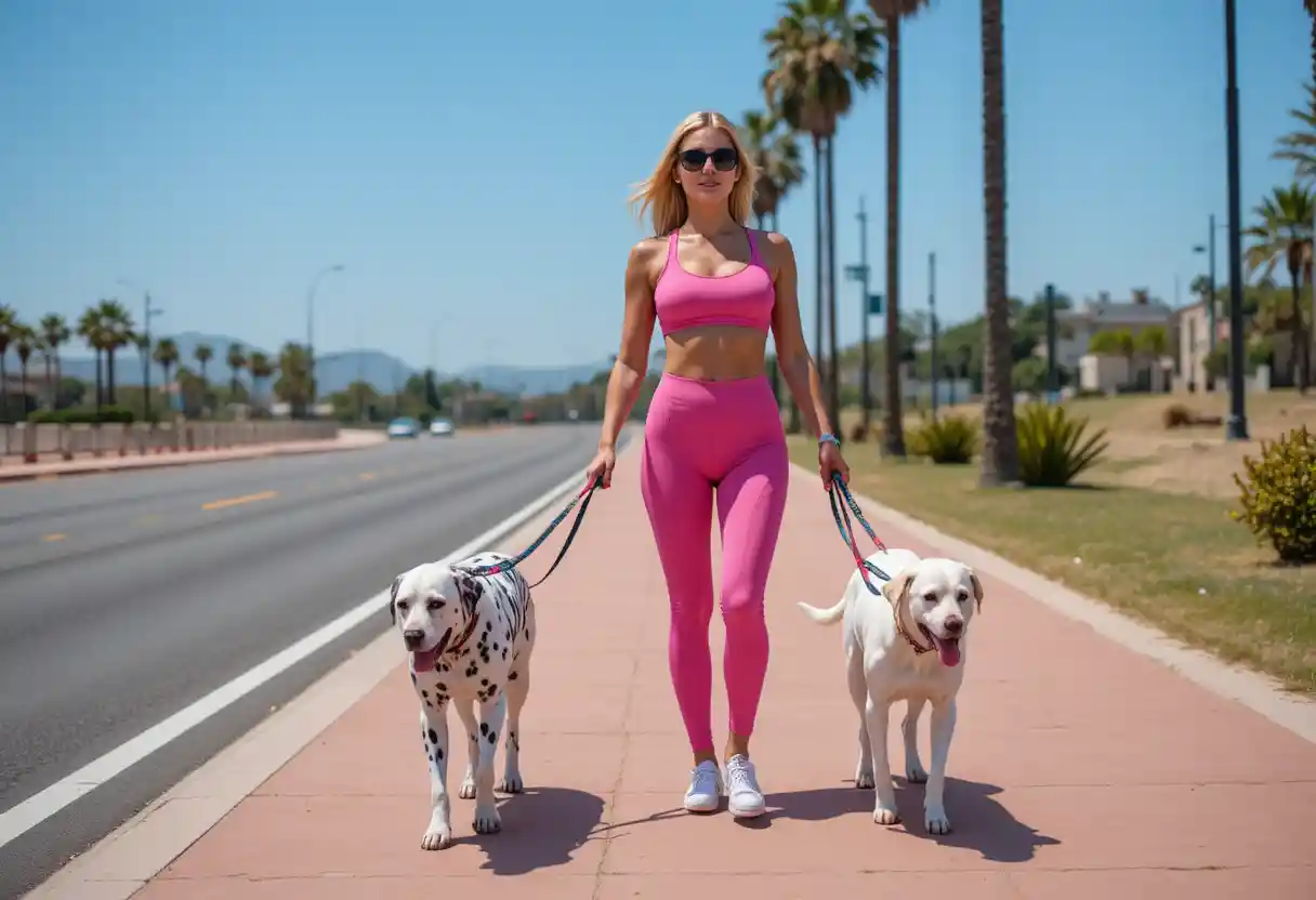 Fit woman walking two dogs on sunny city sidewalk