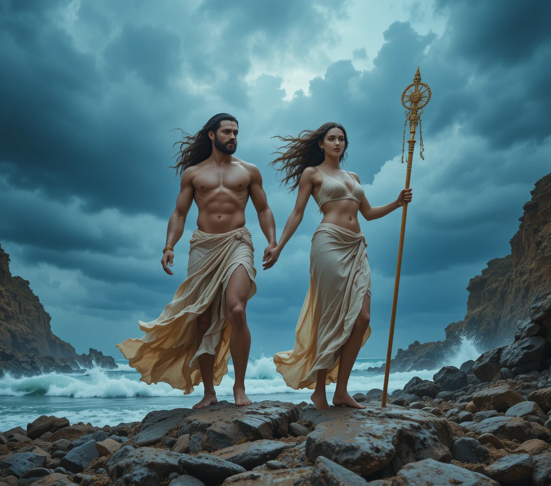 Divine couple standing over stormy rocky seashore