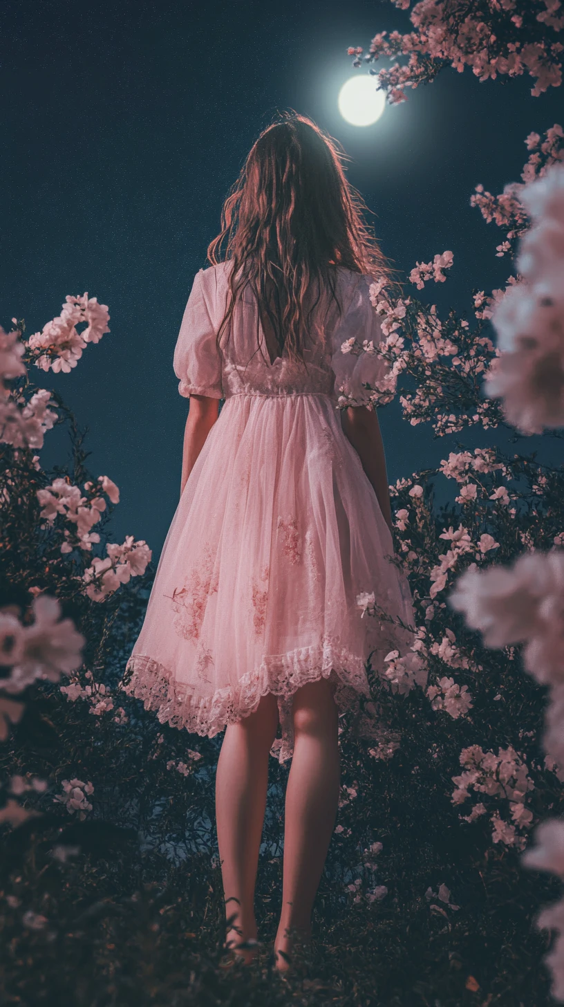 Garota sob cerejeira em flor à noite em brilho rosa
