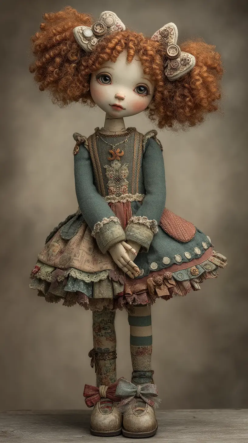Vintage porcelain doll with ginger curls in full body pose