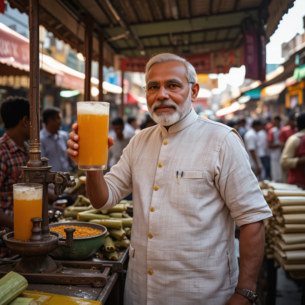 Hombre sirviendo jugo de caña en un mercado concurrido de Bombay