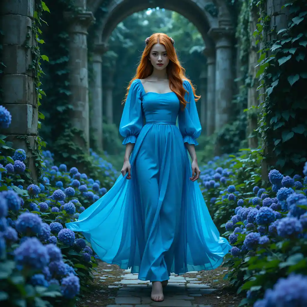 Ginger haired girl in blue dress walking through ruins