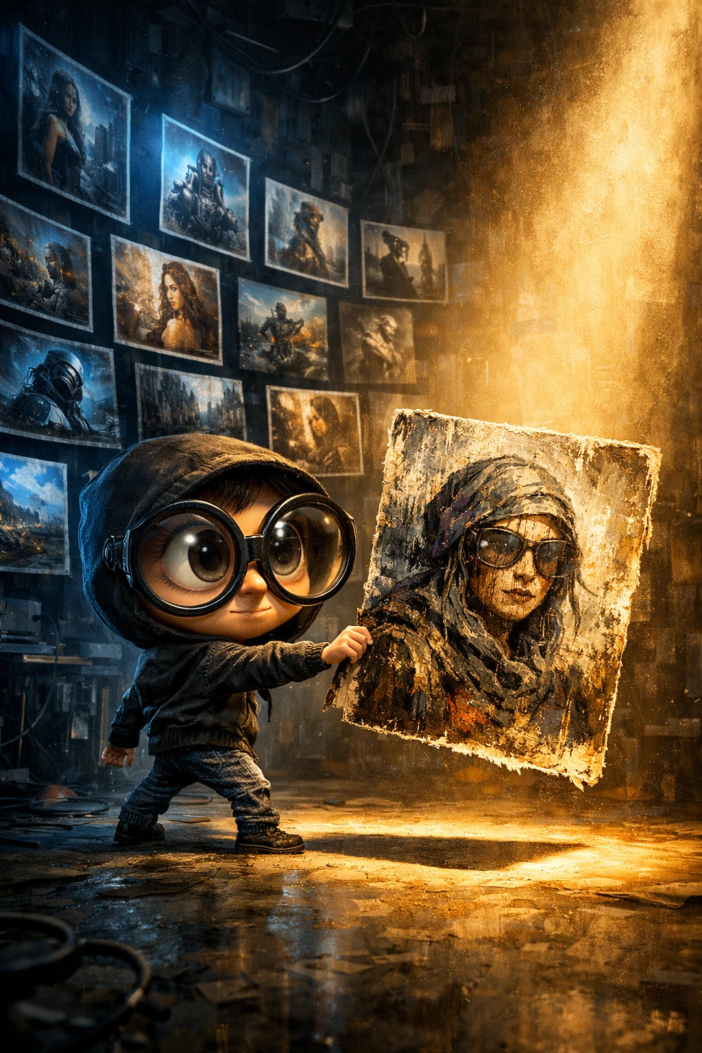 Artista de IA elige una imagen defectuosa bajo un dramático foco de luz