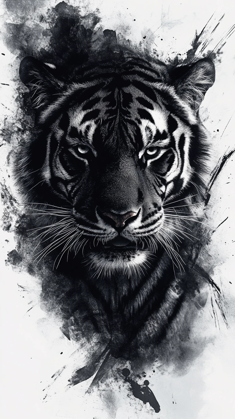 Tigre ad acquerello monocromatico con frammenti geometrici surreali