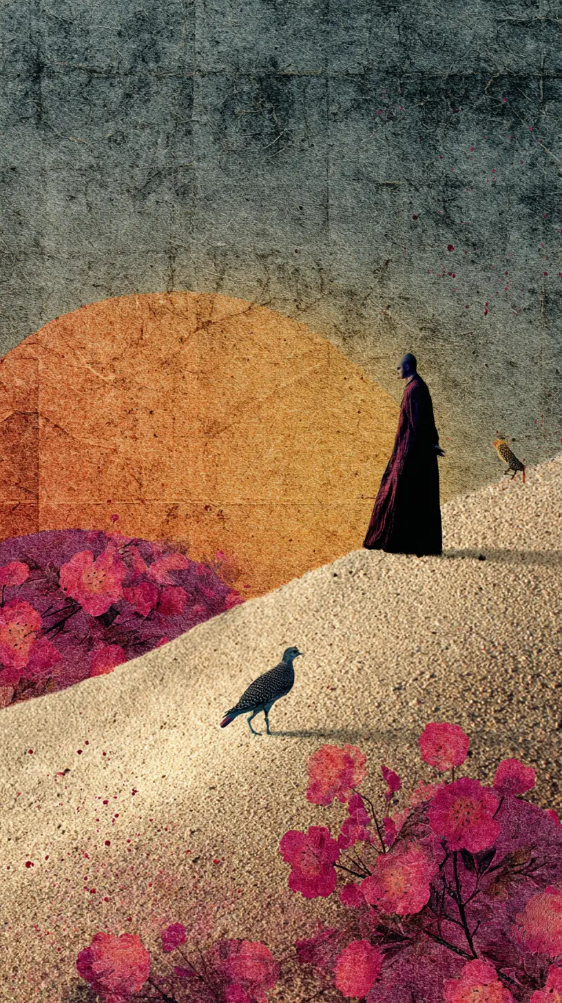 Surreal abstract memory on textured canvas and sand