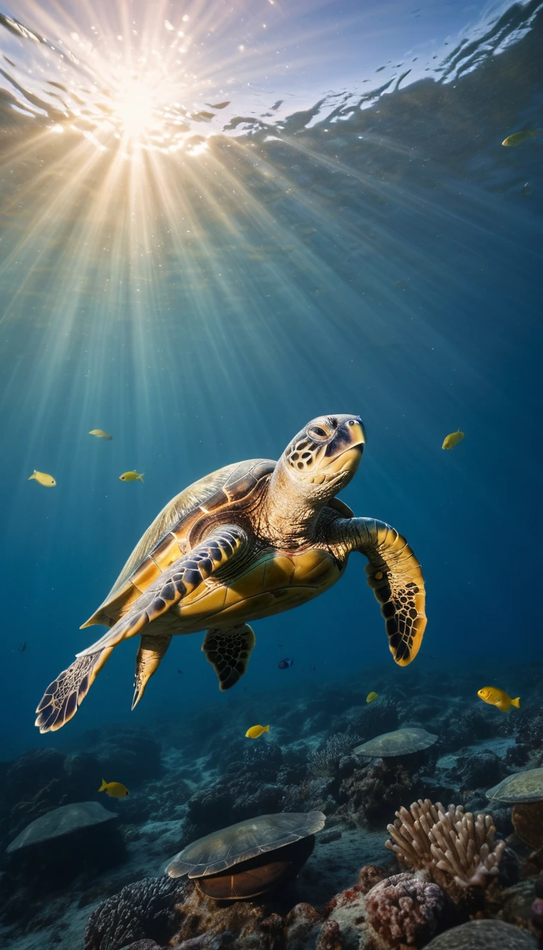 Sea turtle swimming peacefully through sunlit Pacific ocean water