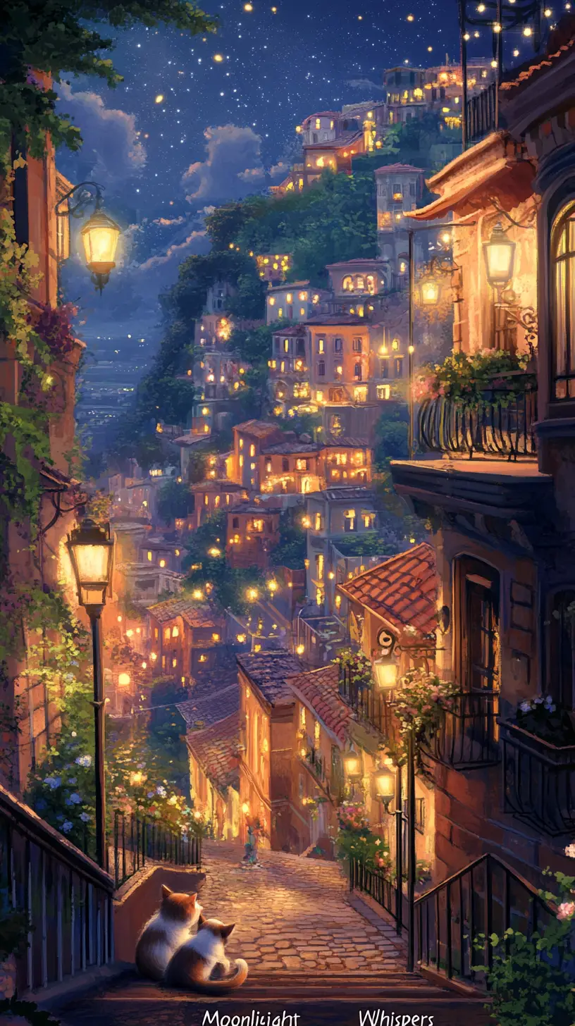 Colorful mountain town at night with cat and dog