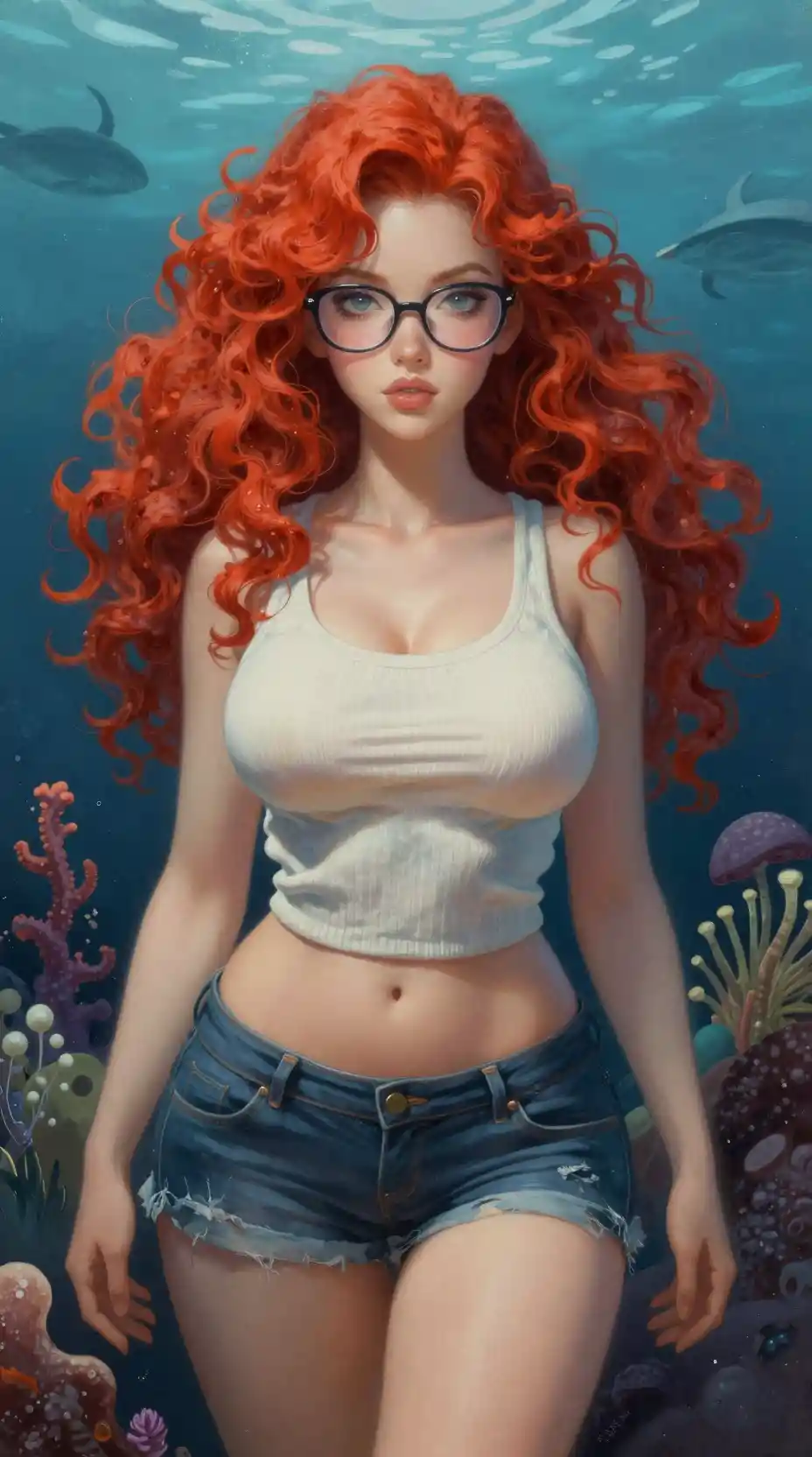 Curvy red haired woman in glasses on the ocean floor