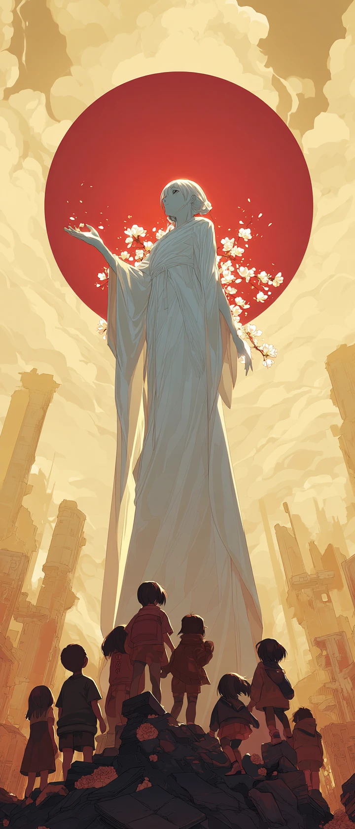 Ethereal guardian woman shielding children above ruined city
