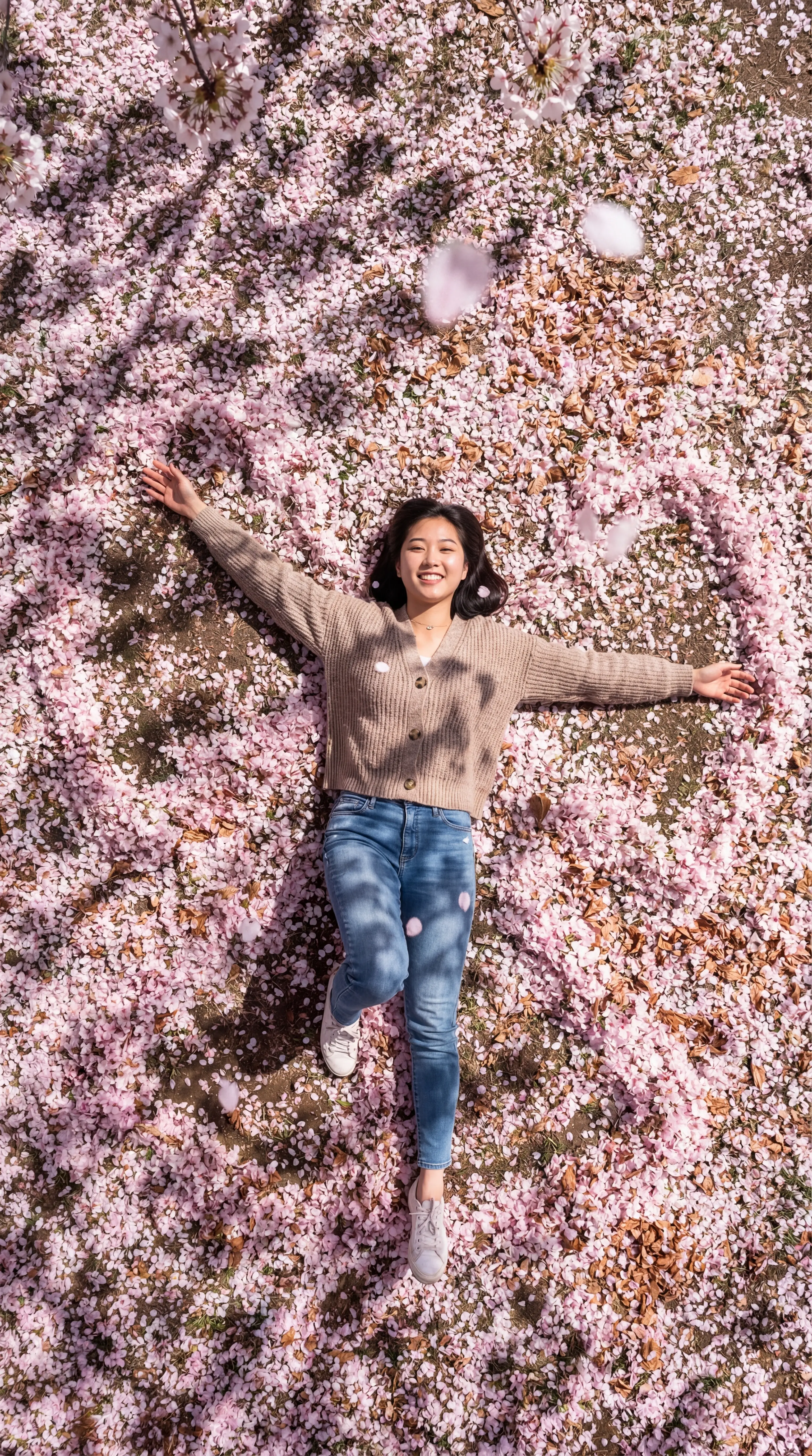 Asian girl making an angel in fallen cherry blossoms