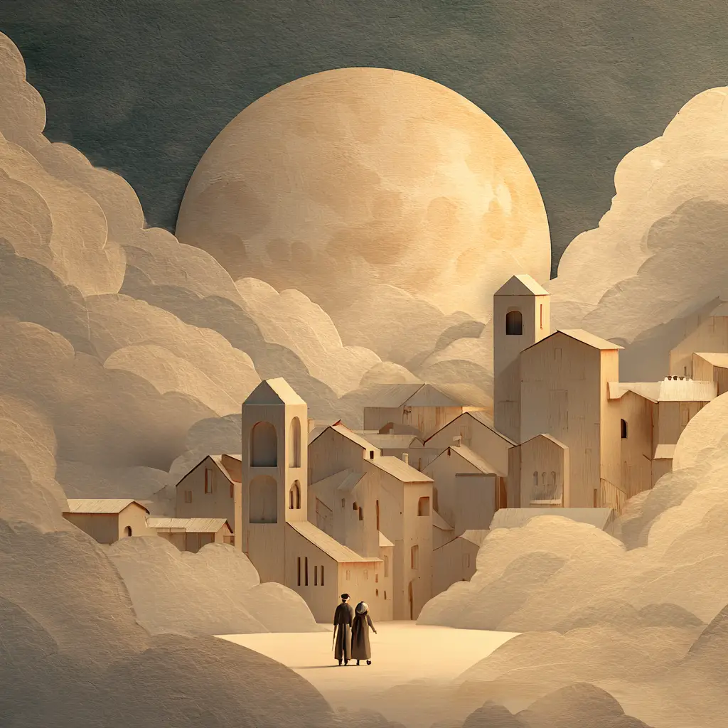 Surreal cartoon boys wandering in a cathedral of clouds