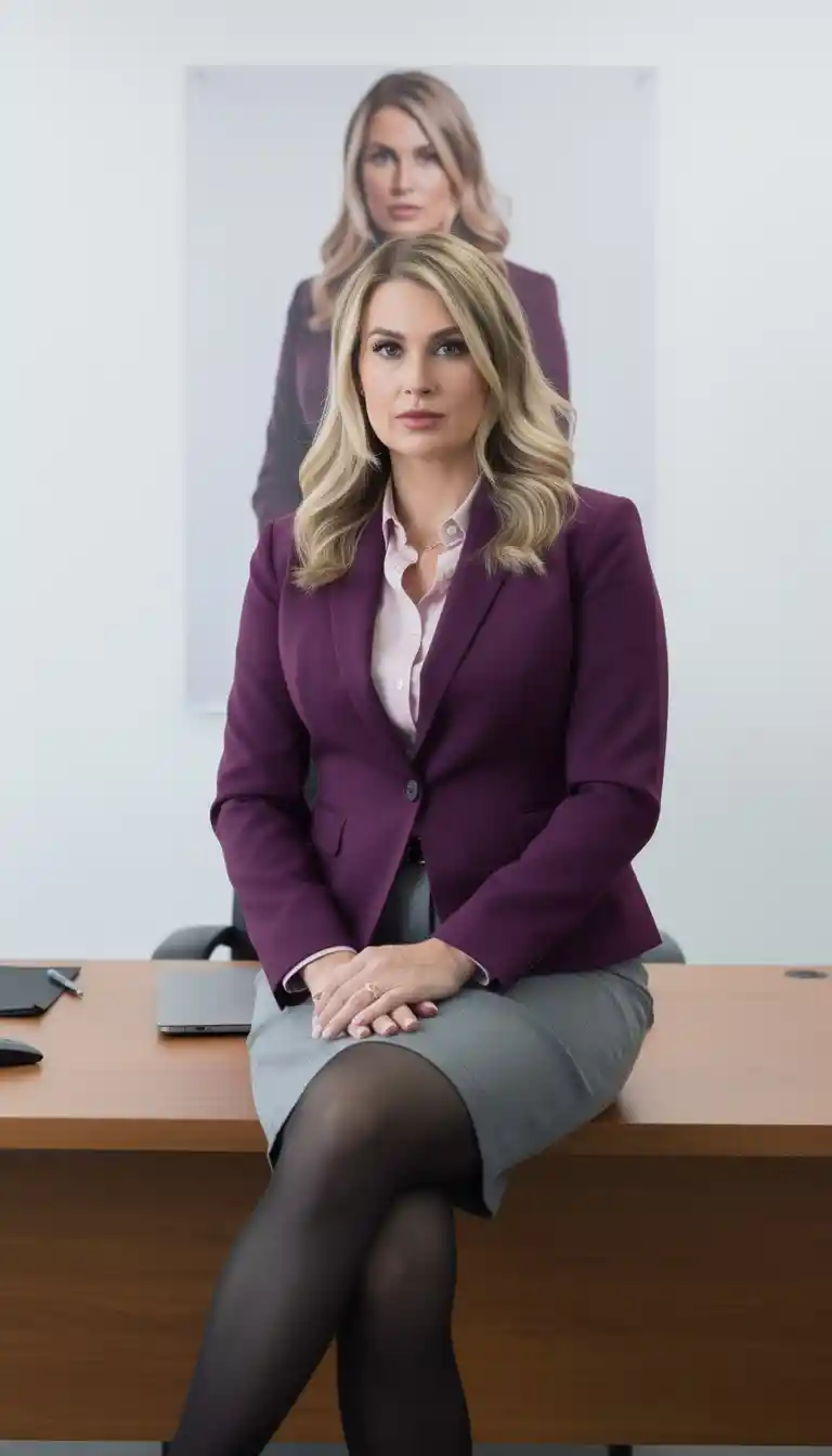 Selbstbewusste Frau im lila Blazer, die auf einem Schreibtisch sitzt