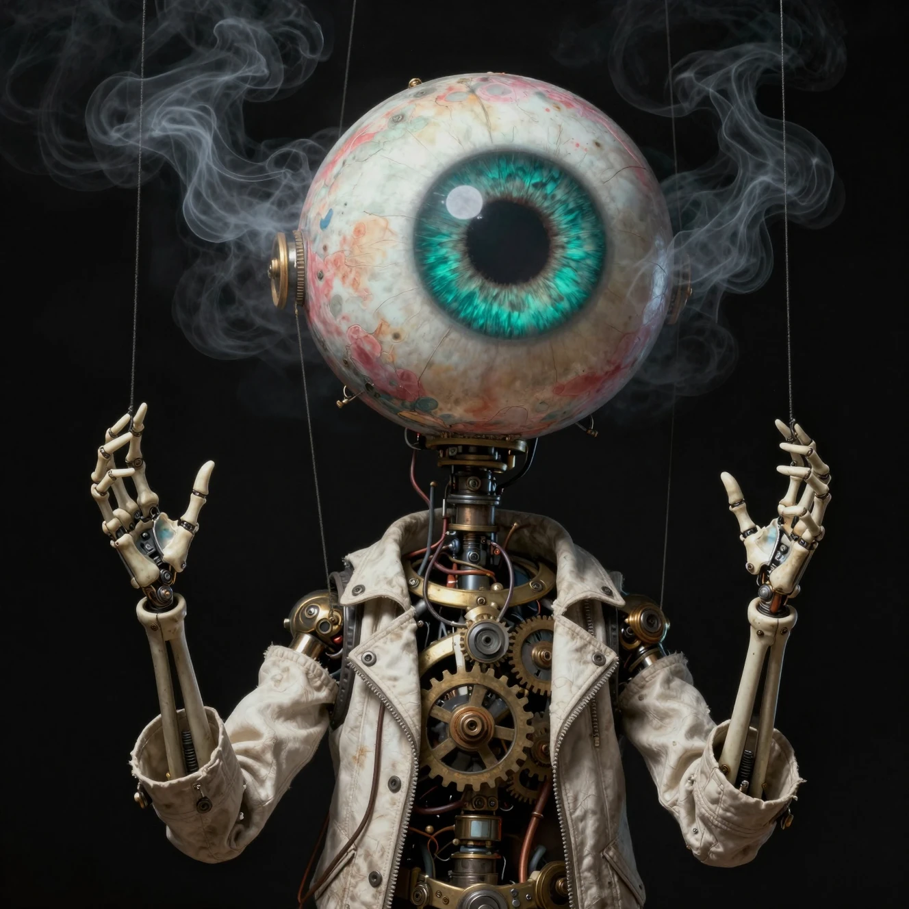 Biomechanical puppet figure with giant teal eye head