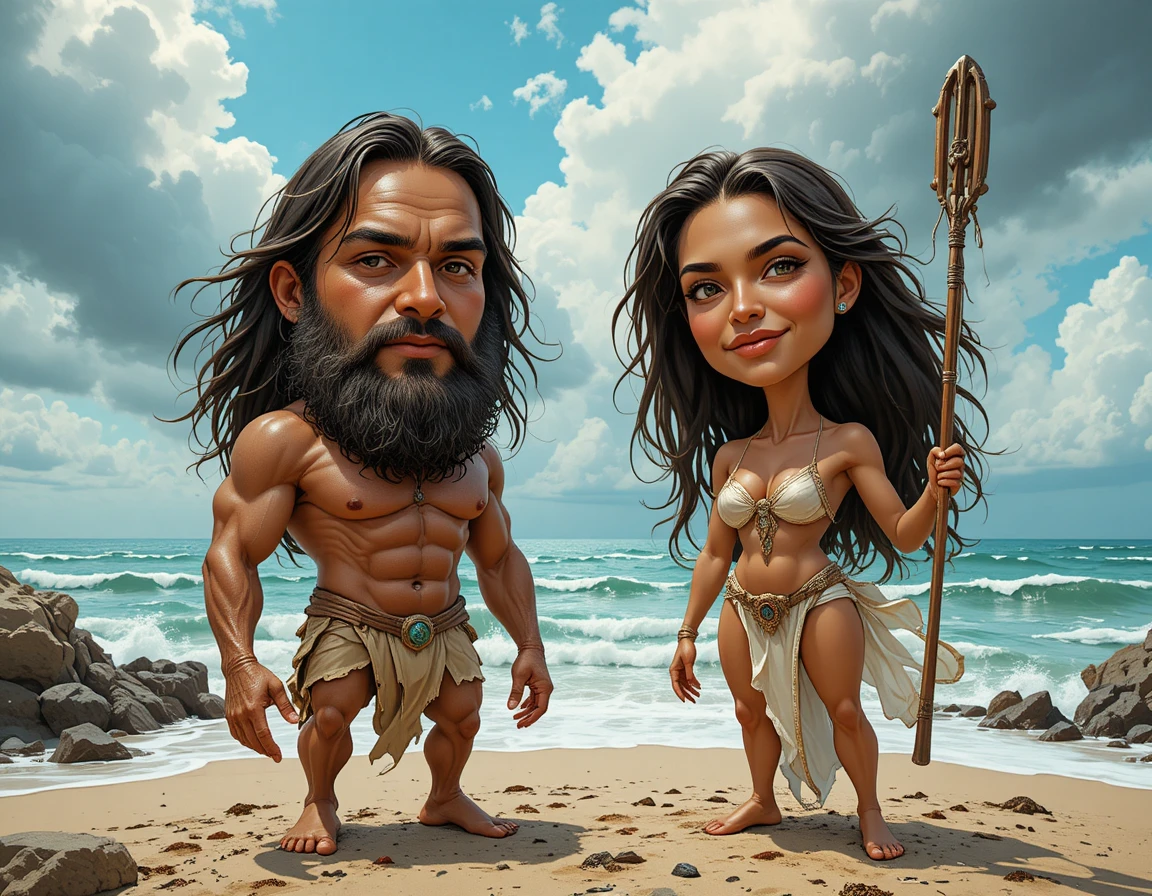 Two armored gods stand on a stormy rocky seashore