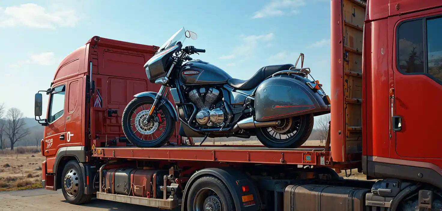 Red tow truck carrying luxury motorcycle with sidecar