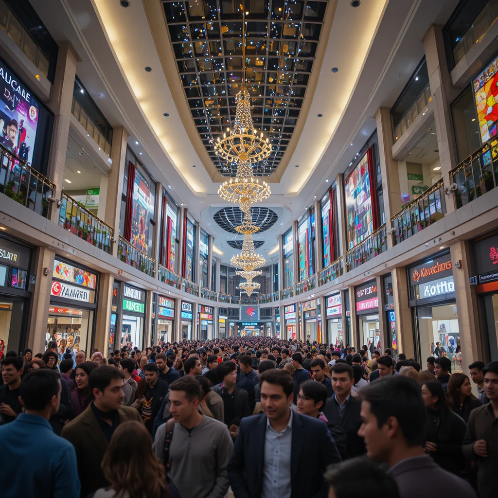 Grand opening crowd at modern shopping mall entrance