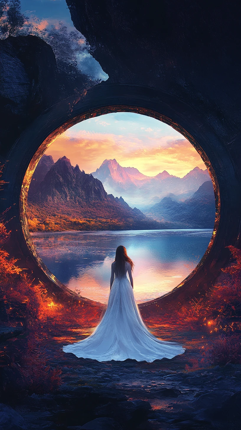 Femme en blanc regardant à travers un portail lumineux vers les montagnes