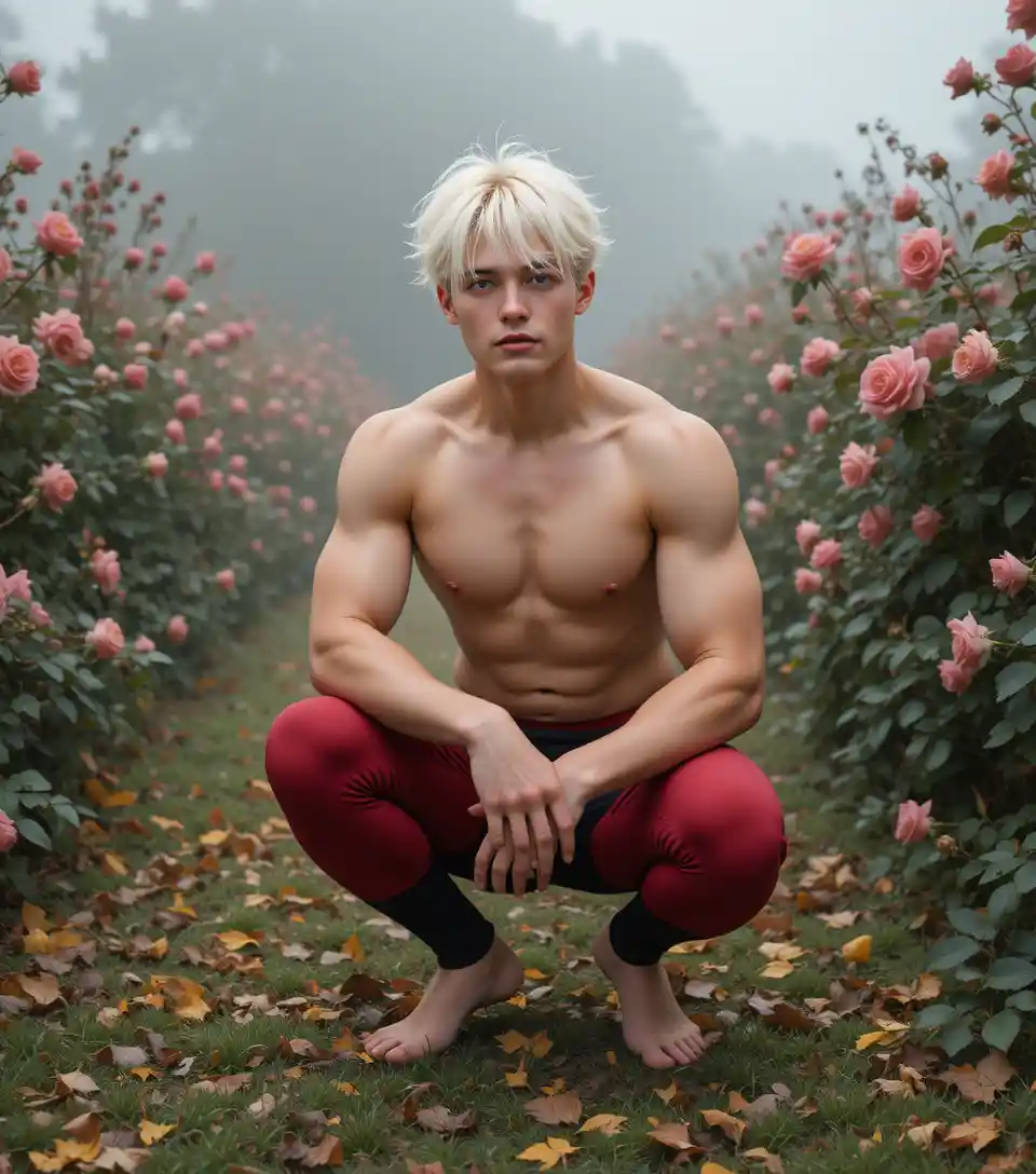 Blonder junger Mann hockt in einem nebligen herbstlichen Rosengarten