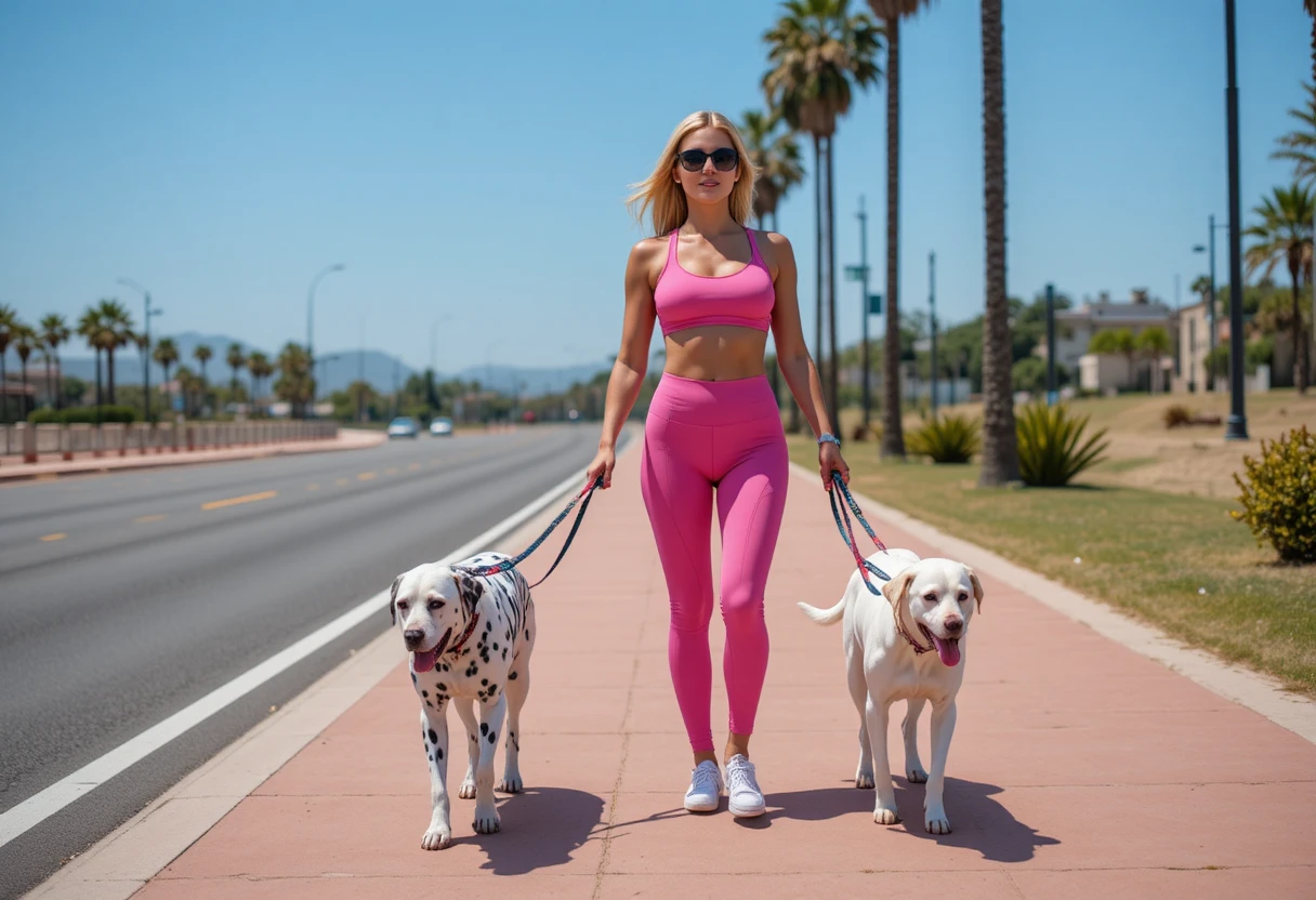 Fit woman walking two dogs on sunny city sidewalk