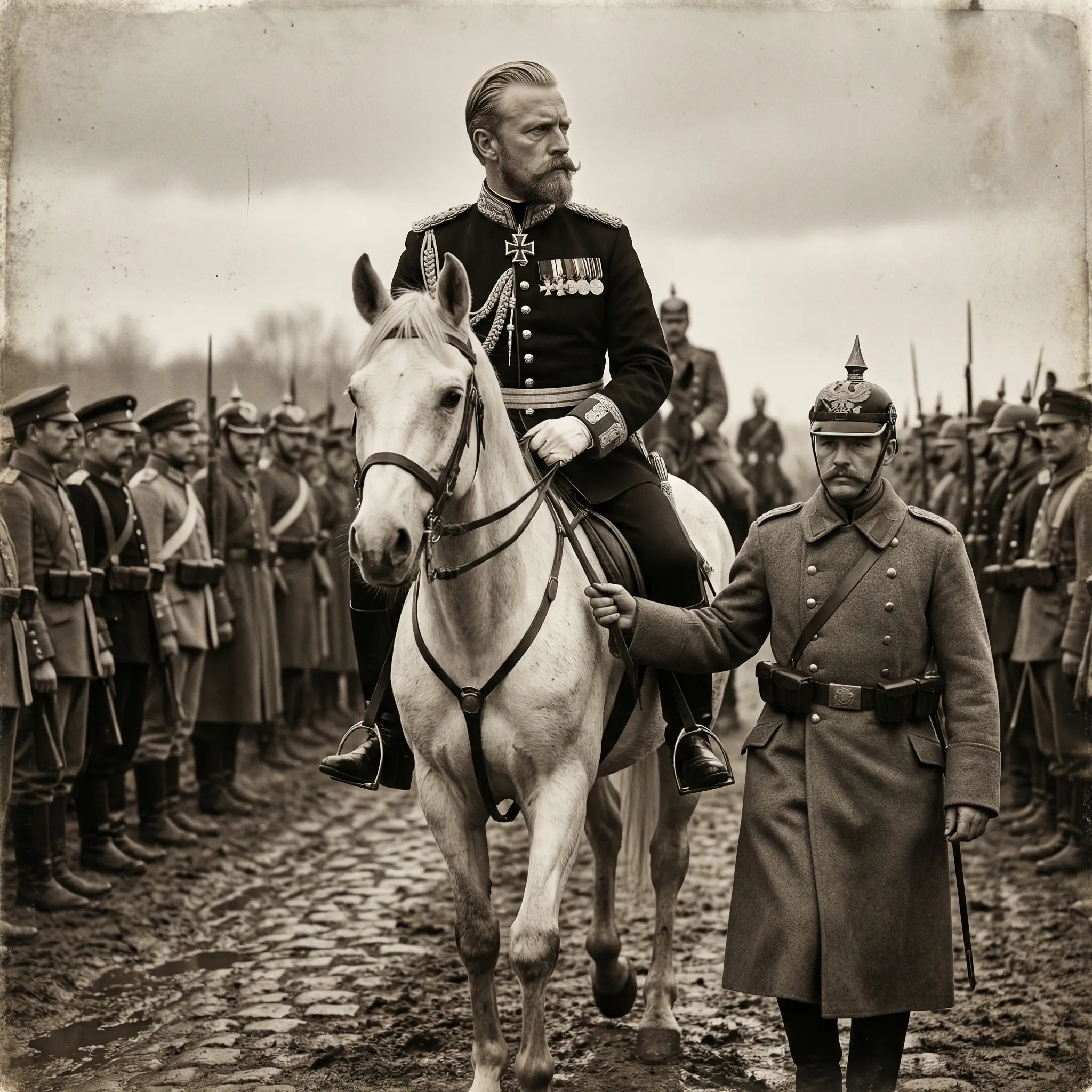 German cavalry officer on horseback in military formation