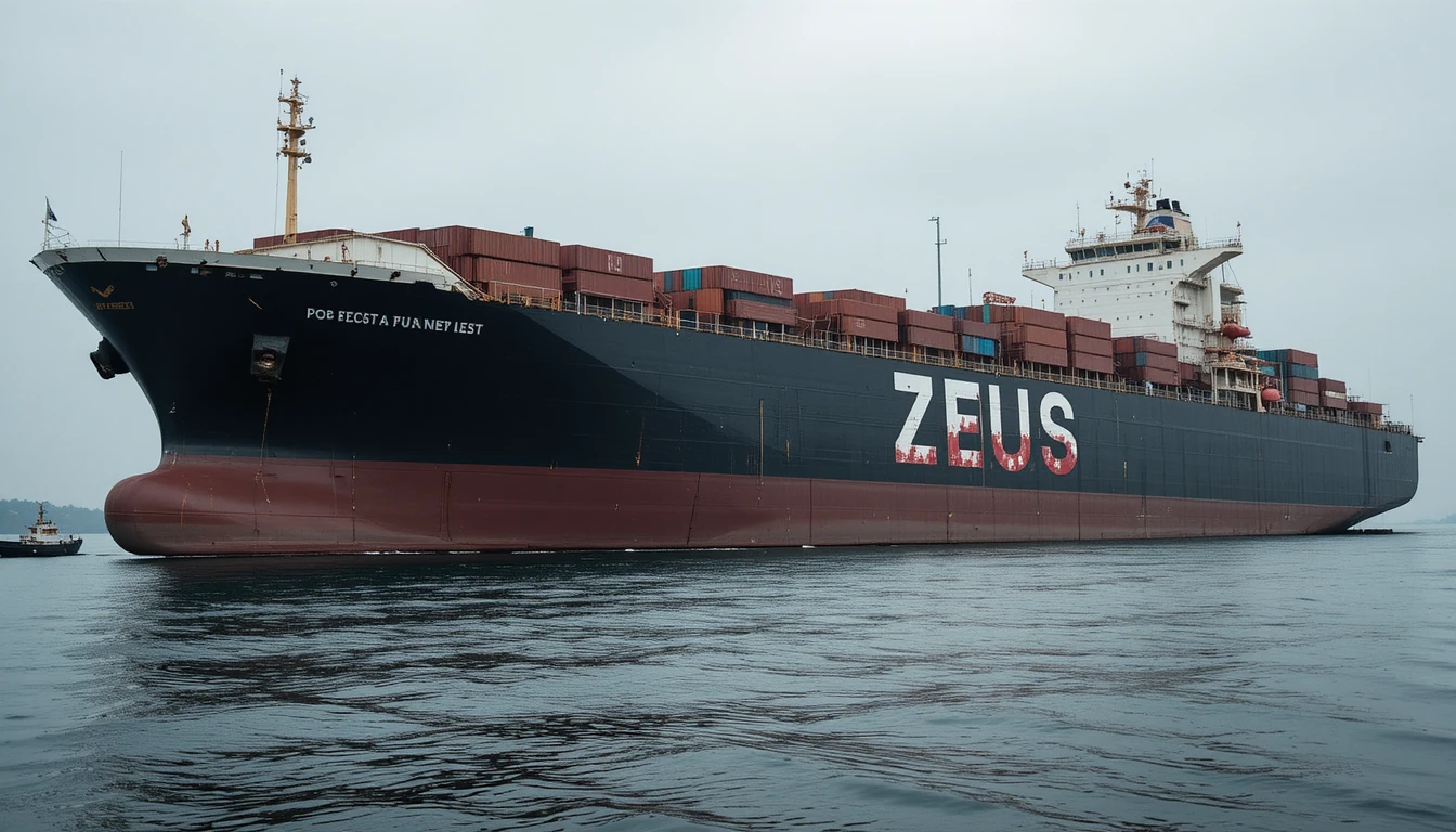 Rusty cargo ship zeus moored on a calm gray sea