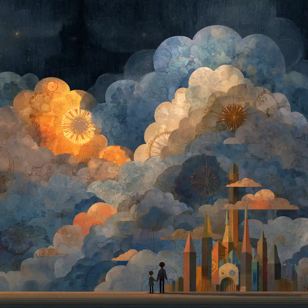 Surreal boys wandering through a cathedral of clouds