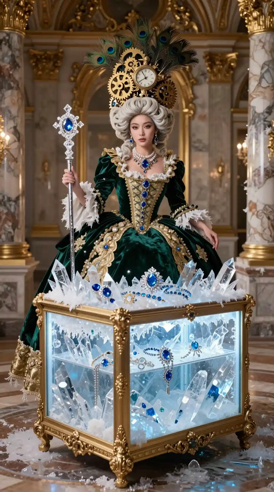 Surreal fashion portrait of a noblewoman in baroque palace
