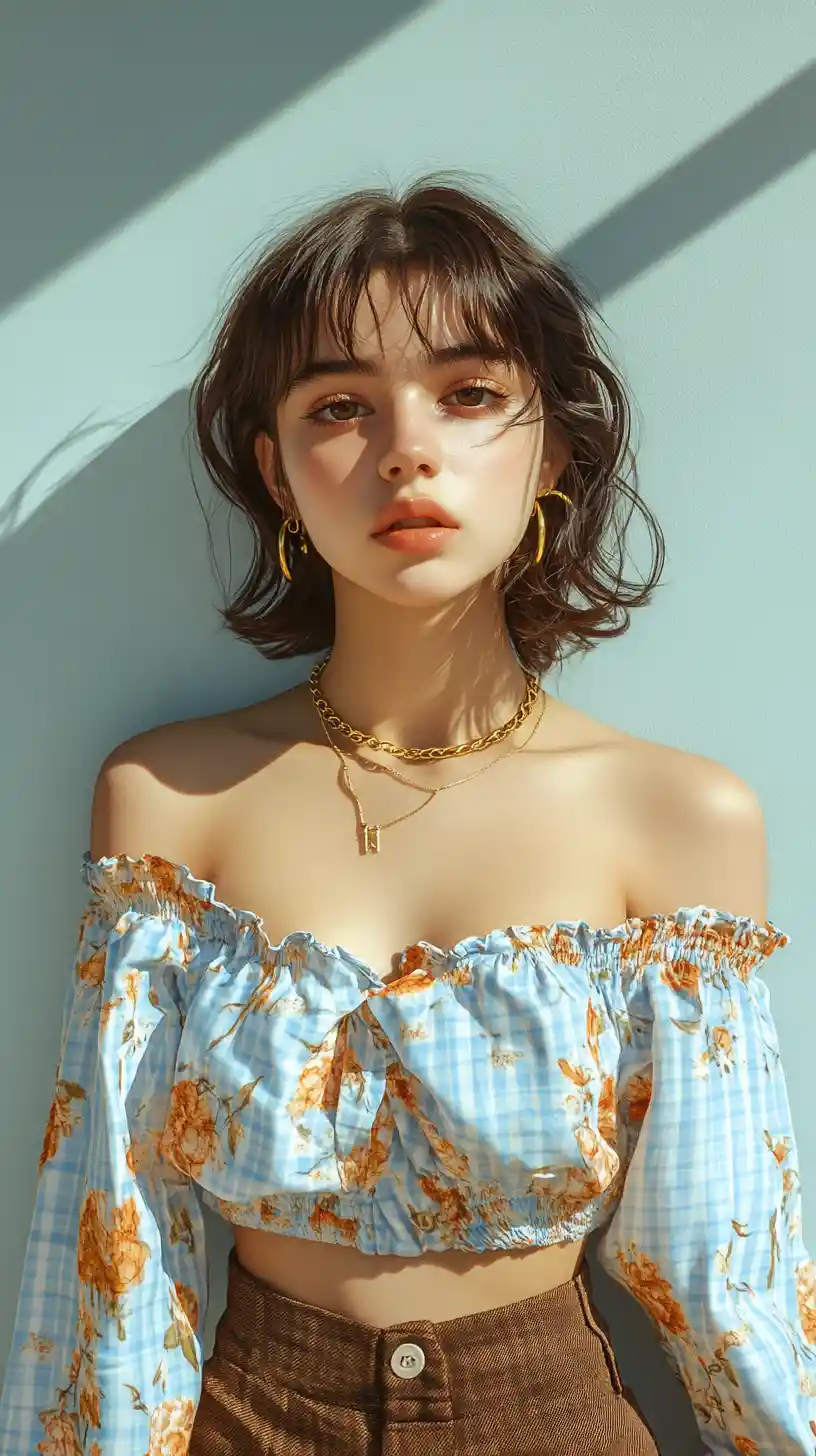 Anime girl in blue patterned blouse against light blue wall