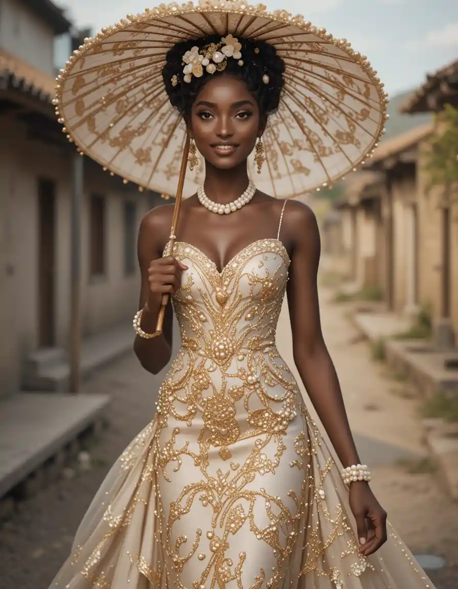 Elegant African woman in couture gown walking through village