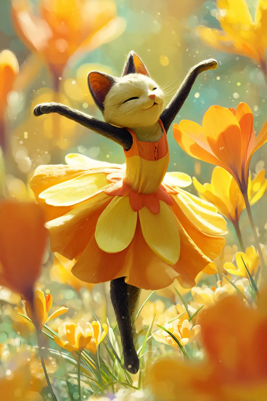 Anthropomorphic cat posing on a crocus flower meadow