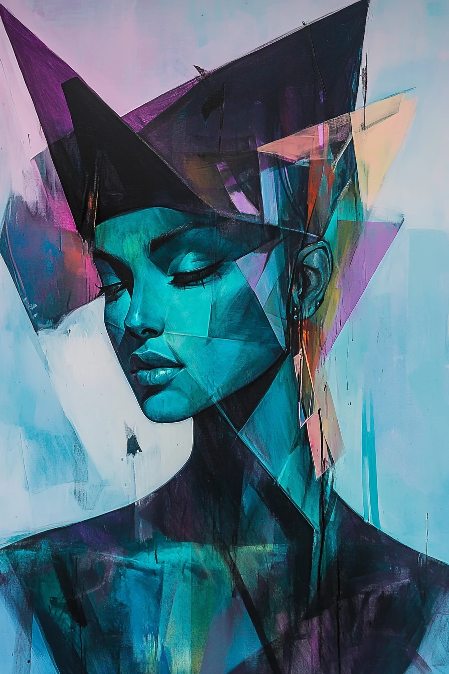 Androgynous teal figure in surreal abstract geometric space
