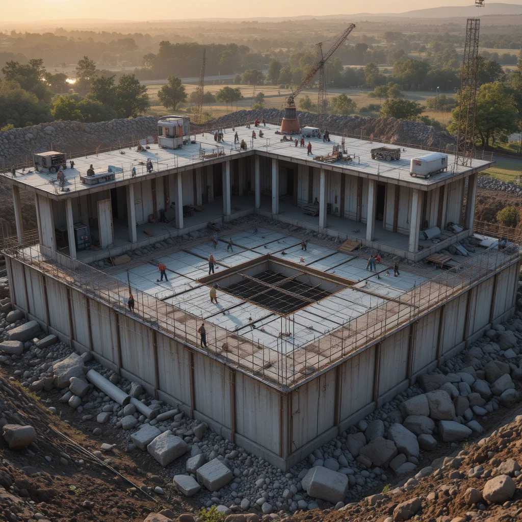 Operai che gettano il calcestruzzo per le fondamenta di un grande edificio