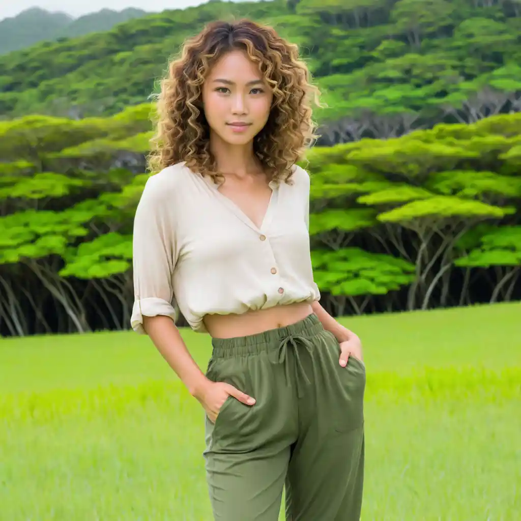 Tan skinned Okinawan woman standing in a grassy field