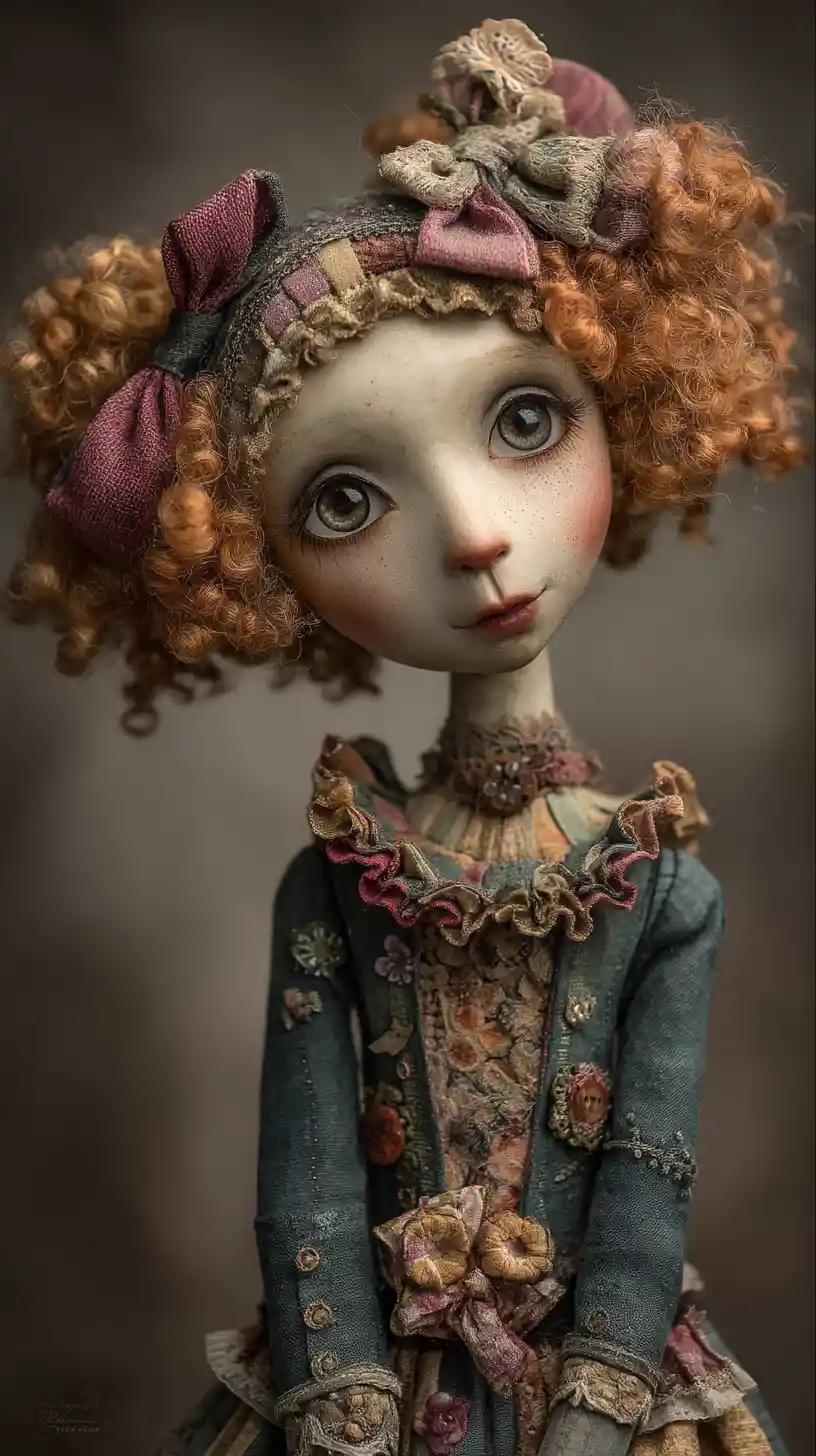 Vintage porcelain doll with ginger curls in intricate dress