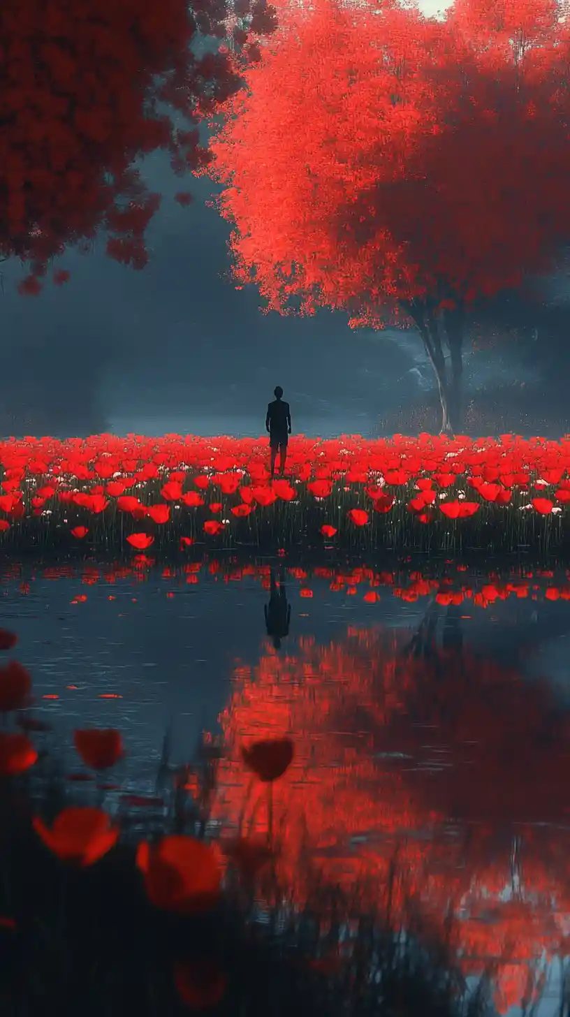 Solitary figure before towering red poppies by dark water