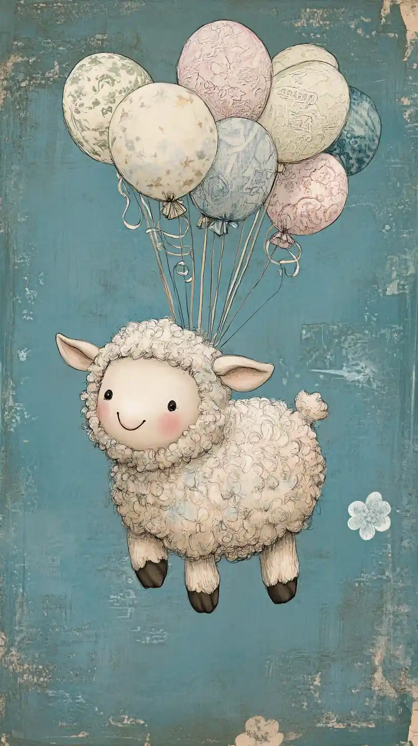 Pecora tessile giocosa che fluttua con palloncini su collage blu
