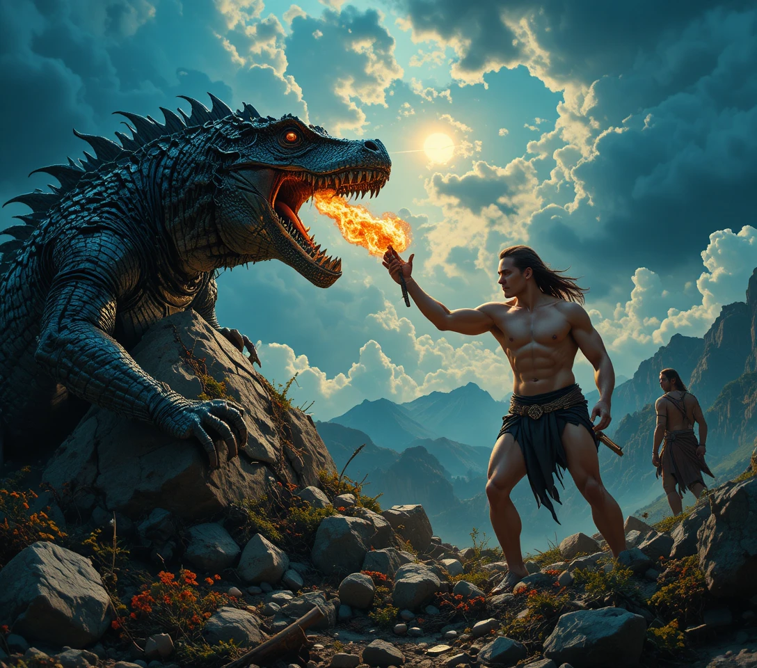 Fierce warrior woman riding a black fire breathing dragon
