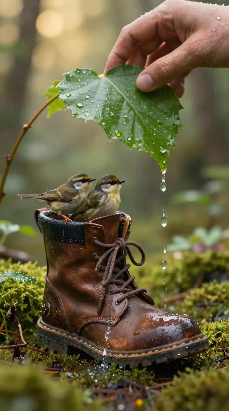 Tiny forest creature sheltered inside an old leather boot