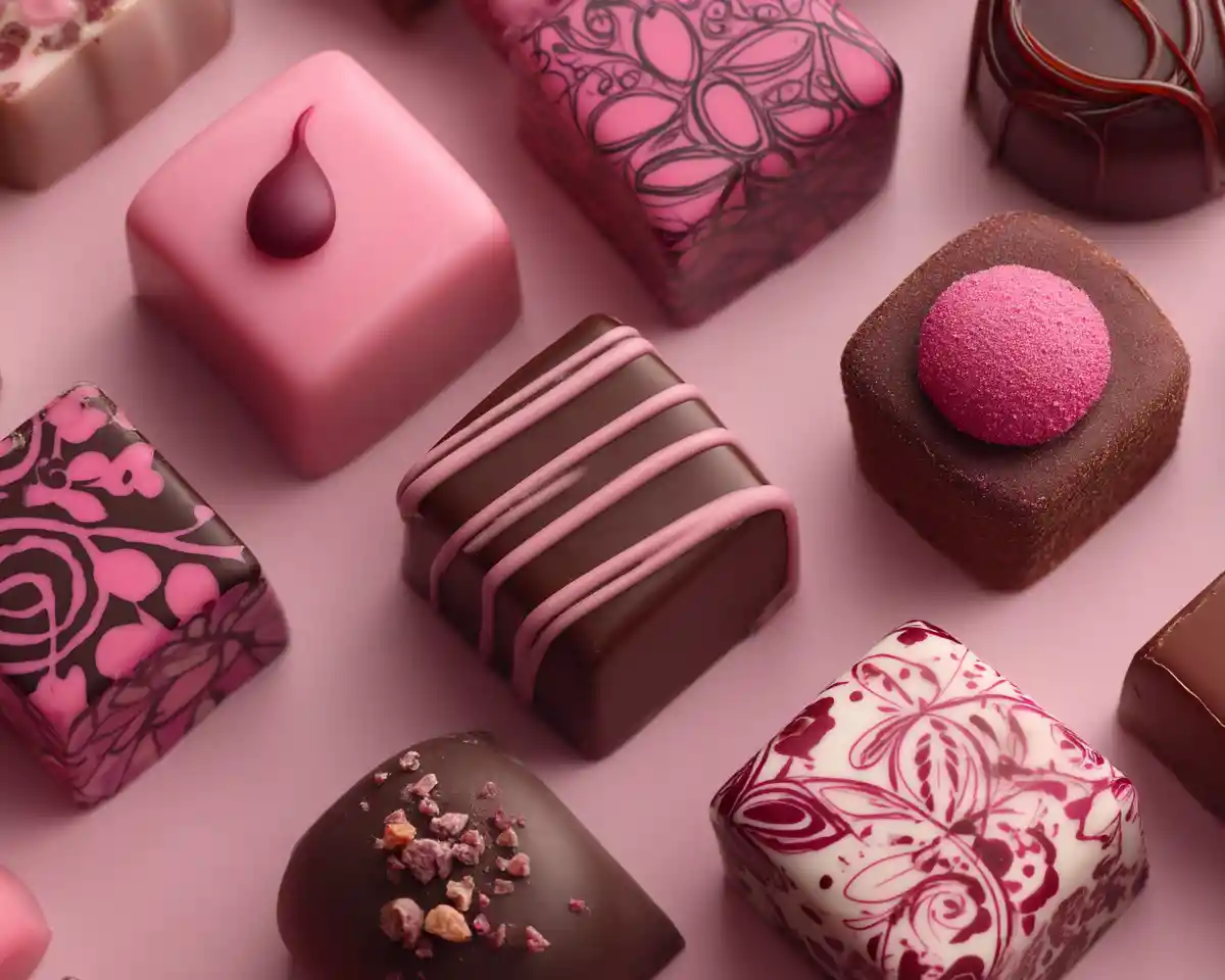 Elegant flat lay of gourmet chocolates and pink sweets