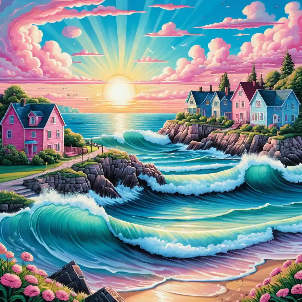 Colorido pueblo costero al amanecer en ilustración tipo dibujo animado
